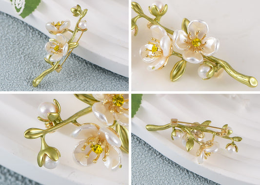 Alilang Elegant Cherry Blossom Flower Plant Brooch Lapel Pin Shell Pearl Leaf Brooches Pins For Birthday, Party, New Year