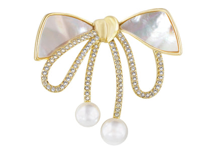 Alilang Elegant Natural Seashell Rhinestones Bow Knot Pearl Pin Brooch