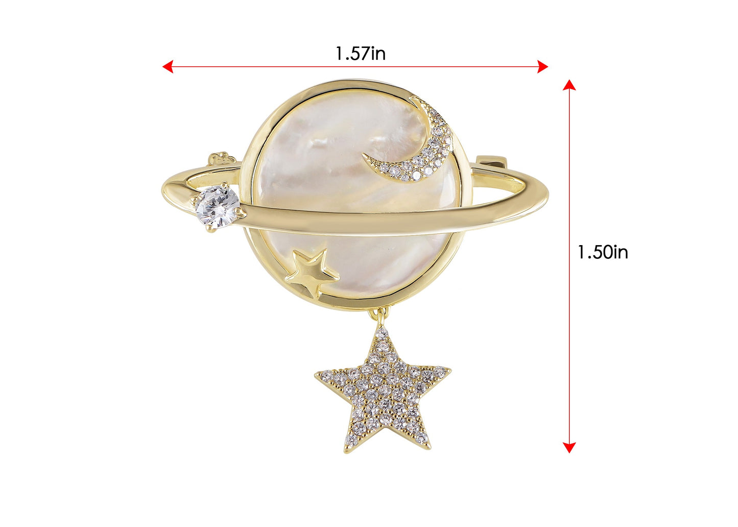 Alilang Golden Tone Earth Mirror Star And Crescent Moon Brooch Pin Natural Shell Zircon Brooch For Women Girls Jackets Jewelry Gifts