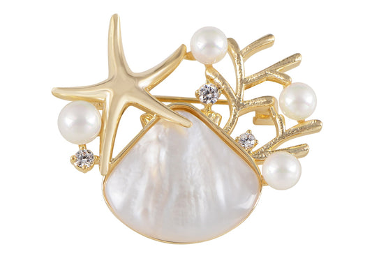 Elegant Zircon Gold Starfish Shell Pearl Brooch Pins For Ladies Inlay Sea Animal Jewelry Brooches