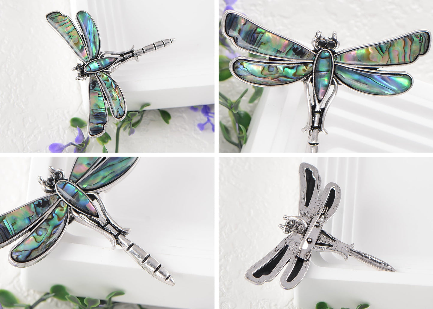 Alilang Natural Abalone Shell Silver Tone Alloy Dragonfly Insect Versatile Fashion Brooch Pin