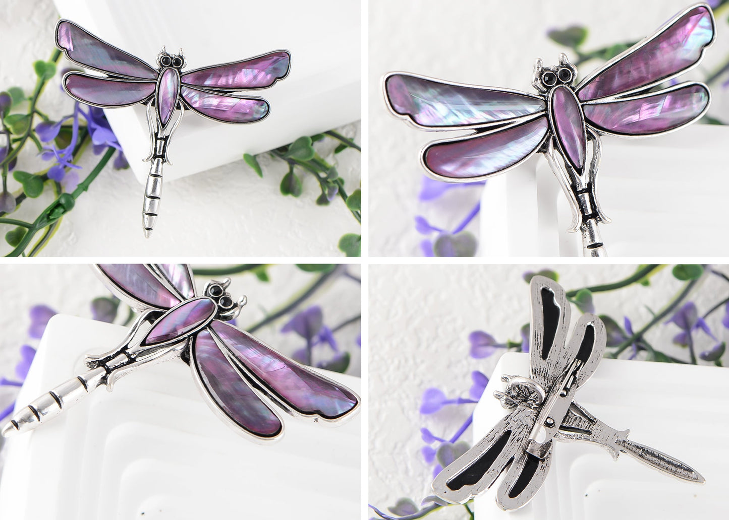 Alilang Natural Abalone Shell Silver Tone Alloy Dragonfly Insect Versatile Fashion Brooch Pin