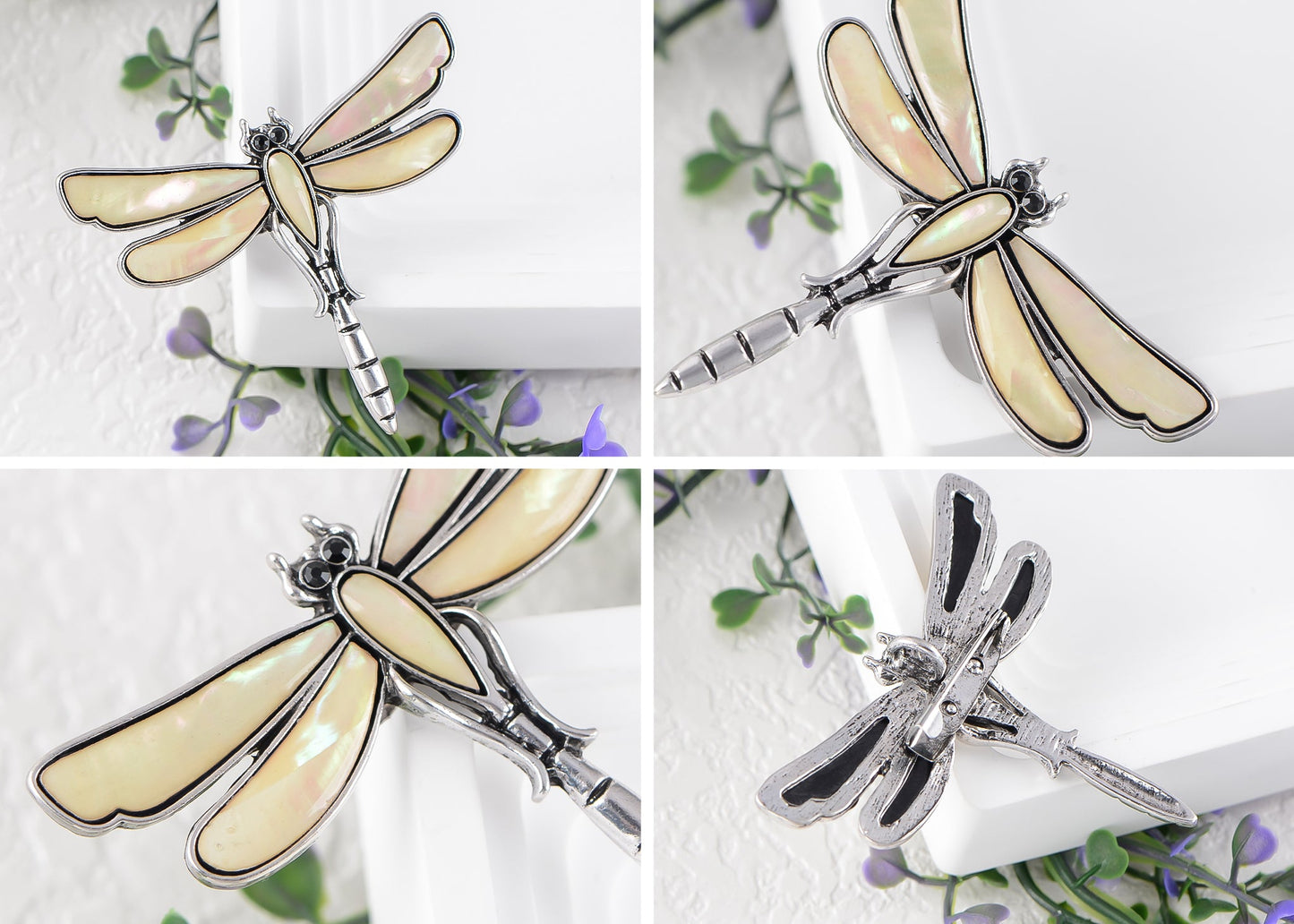 Alilang Natural Abalone Shell Silver Tone Alloy Dragonfly Insect Versatile Fashion Brooch Pin