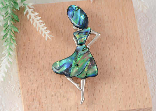 Alilang Dancer Girl Natural Abalone Shell Sliver Tone Alloy Brooch Pin Necklace Pendant