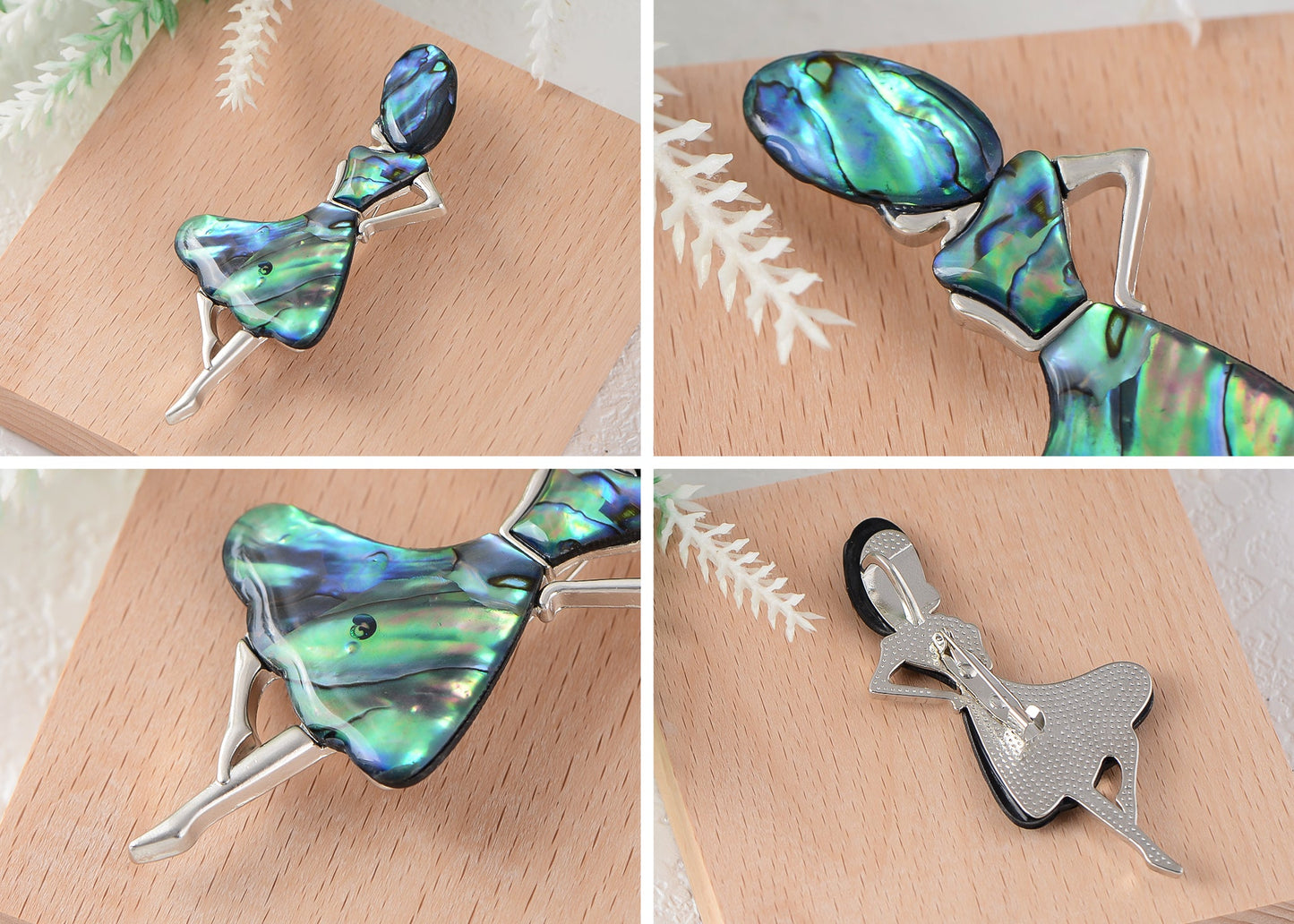 Alilang Dancer Girl Natural Abalone Shell Sliver Tone Alloy Brooch Pin Necklace Pendant