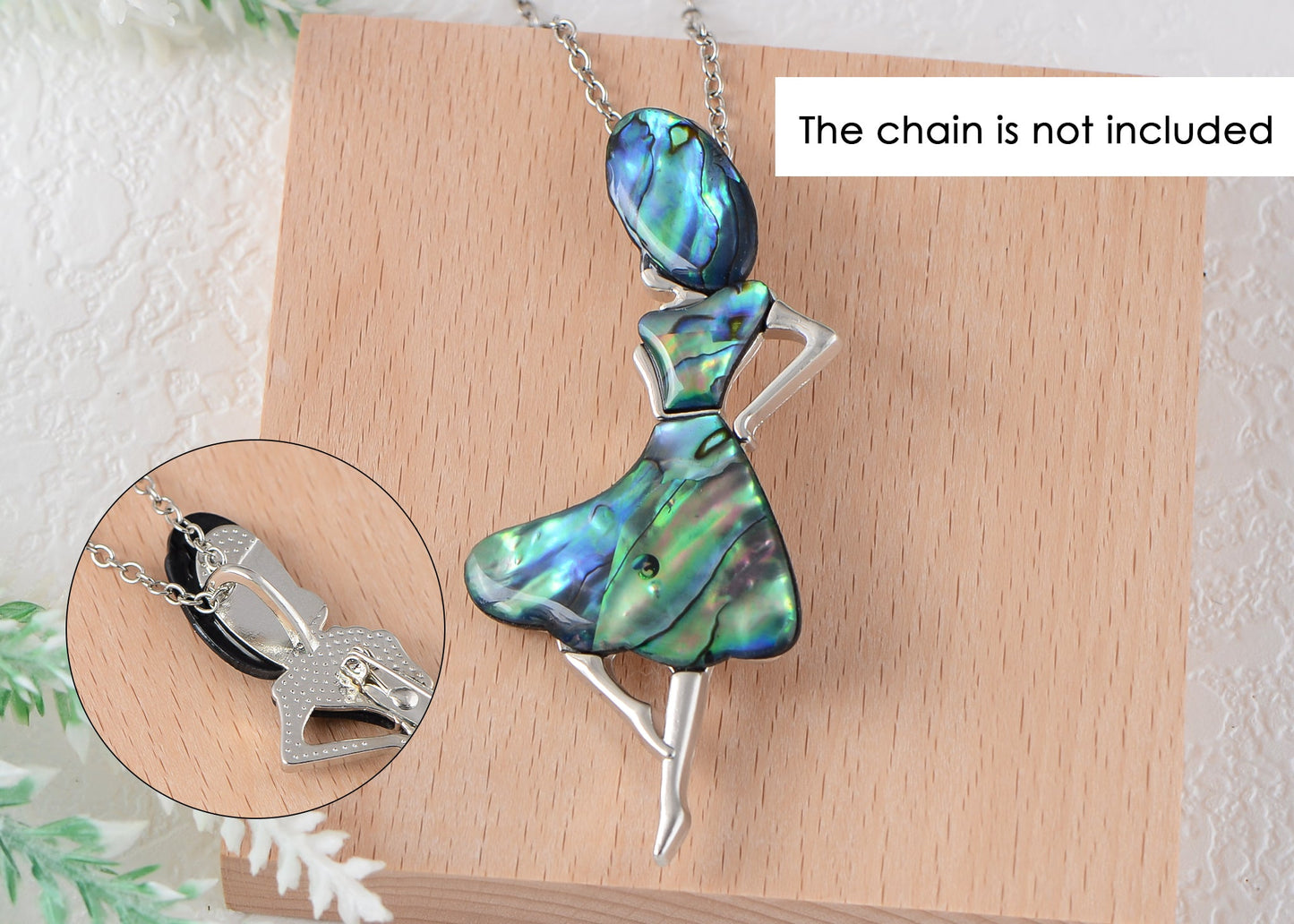 Alilang Dancer Girl Natural Abalone Shell Sliver Tone Alloy Brooch Pin Necklace Pendant