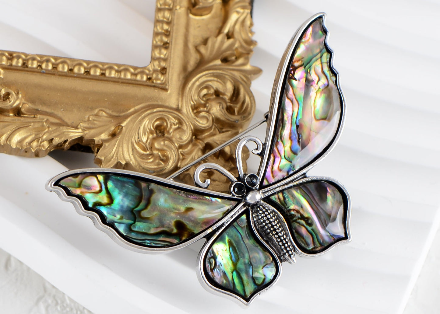 Alilang Silvery Tone Natural Abalone Shell Butterfly Insect Brooch Pin Pendant