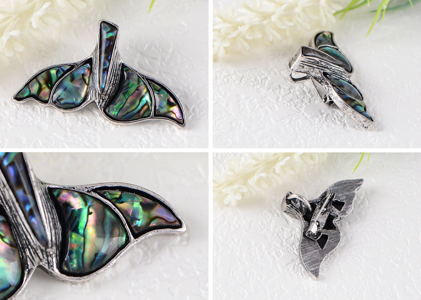 Alilang Gunmetal Tone Abalone Shell Fishtail Brooch Pin Fish Whale Tail Pendant