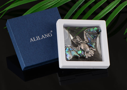 Alilang Antiqued Silver Tone Abalone Shell Vampire Bat Brooch Pin for Halloween Accessories