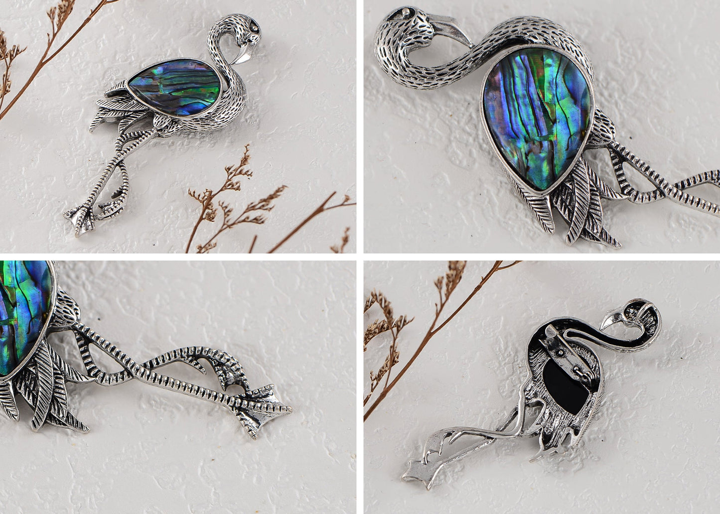 Alilang Antiqued Silvery Tone Abalone Shell Flamingo Bird Animal Brooch Pin Collar Lapel Pins & Pendant