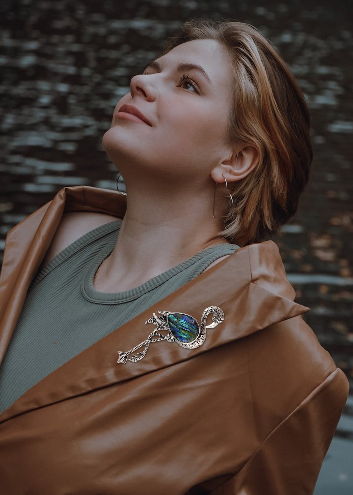 Alilang Antiqued Silvery Tone Abalone Shell Flamingo Bird Animal Brooch Pin Collar Lapel Pins & Pendant