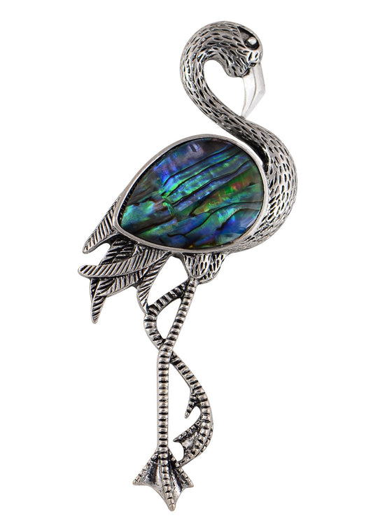 Alilang Antiqued Silvery Tone Abalone Shell Flamingo Bird Animal Brooch Pin Collar Lapel Pins & Pendant