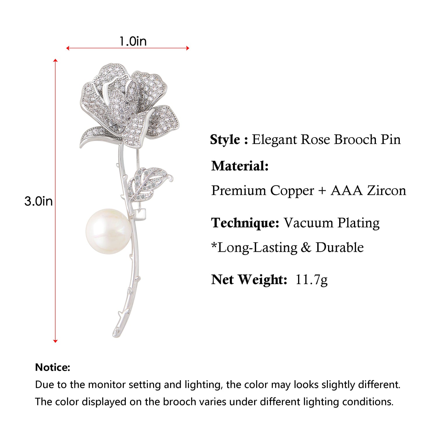 Zircon Rose Flower Brooch Pin Rhinestone Floral Lapel Pins Dress Blazer Suits Pin Accessory