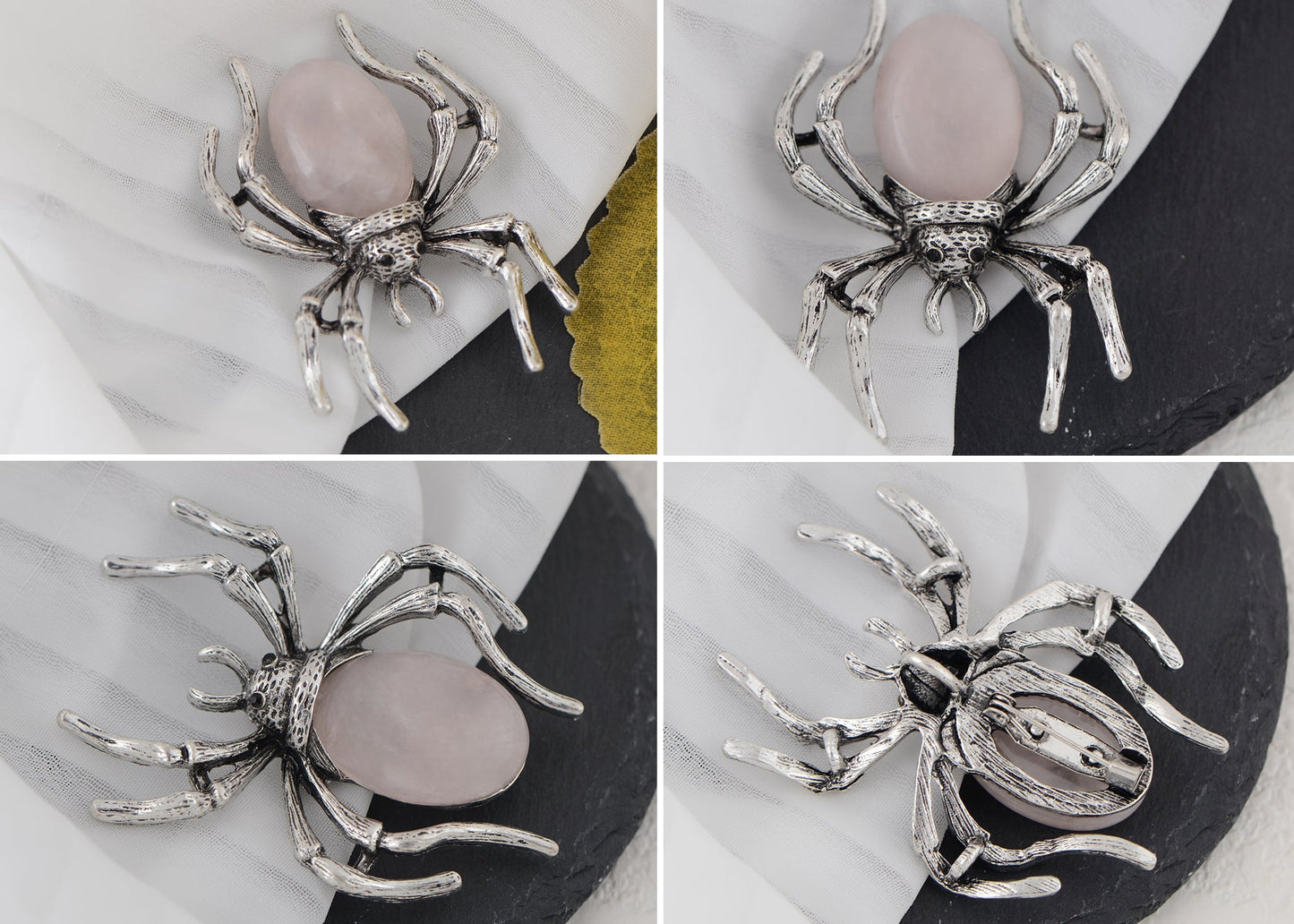 Antique Silvery Tone Abalone Shell Stone Spider Brooch Lapel Pins Pendant Halloween Jewelry