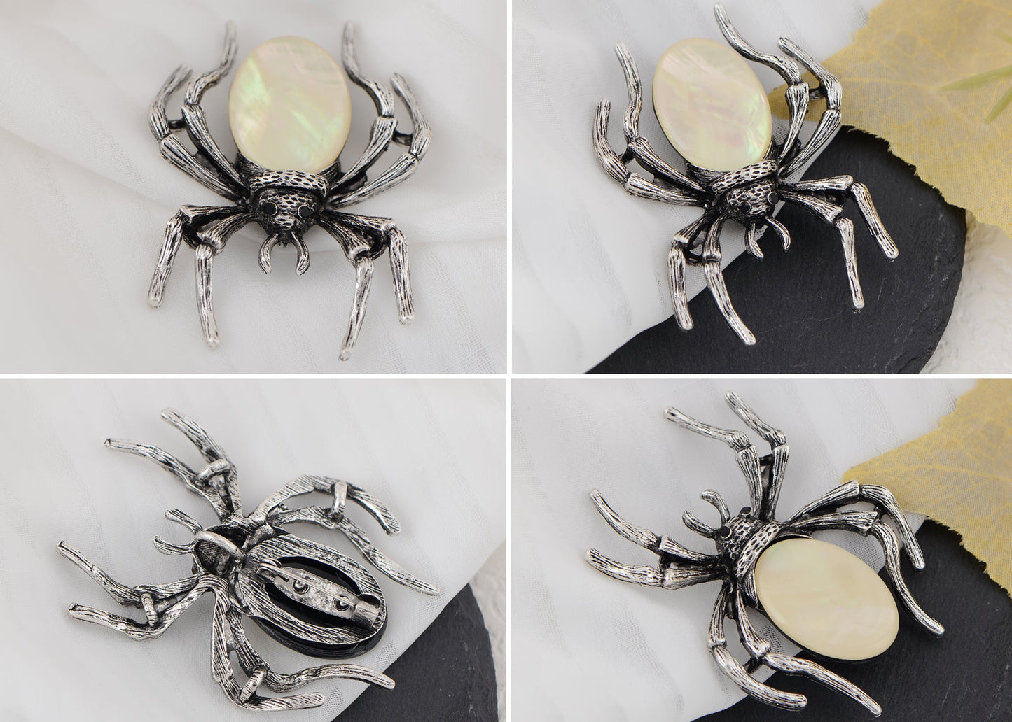 Antique Silvery Tone Abalone Shell Stone Spider Brooch Lapel Pins Pendant Halloween Jewelry