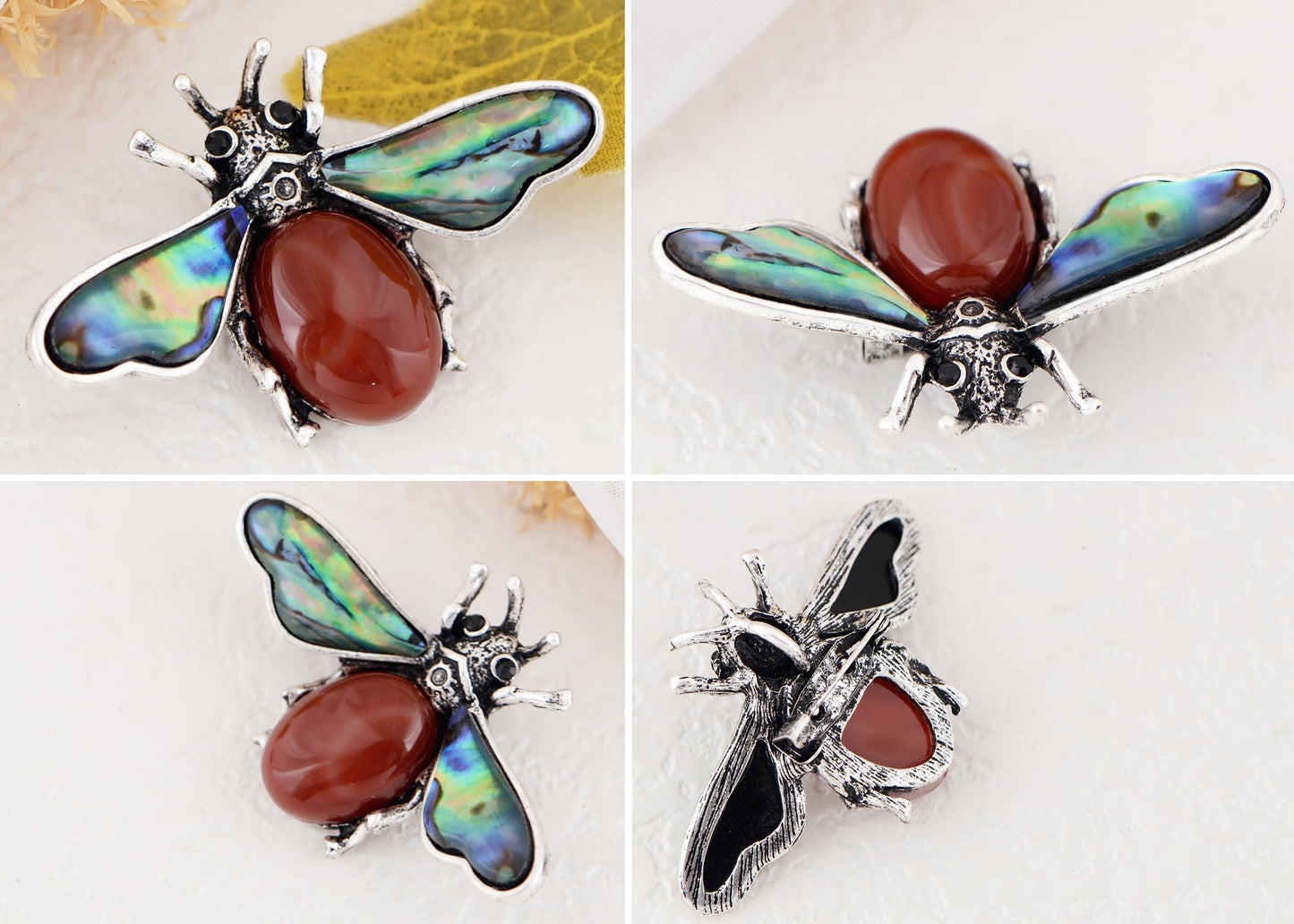 Antique Silvery Tone Abalone Shell Stone Honey Bee Insect Brooch Lapel Pins Pendant Animal Jewelry