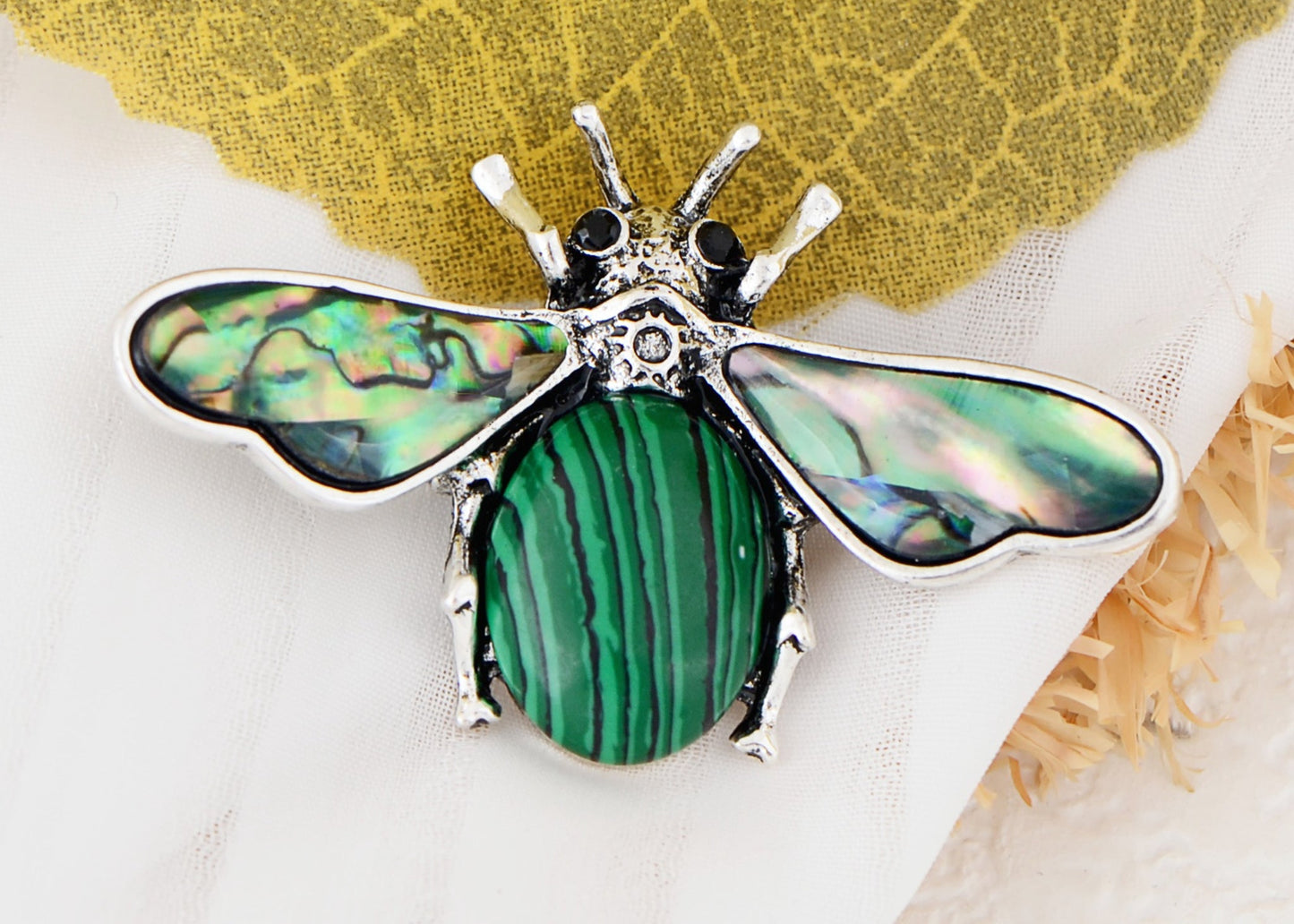 Antique Silvery Tone Abalone Shell Stone Honey Bee Insect Brooch Lapel Pins Pendant Animal Jewelry