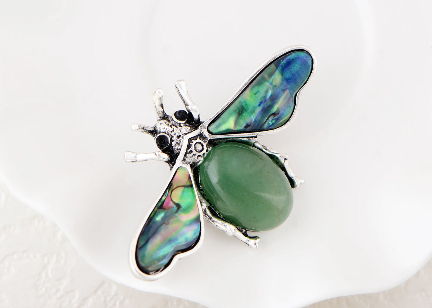 Antique Silvery Tone Abalone Shell Stone Honey Bee Insect Brooch Lapel Pins Pendant Animal Jewelry