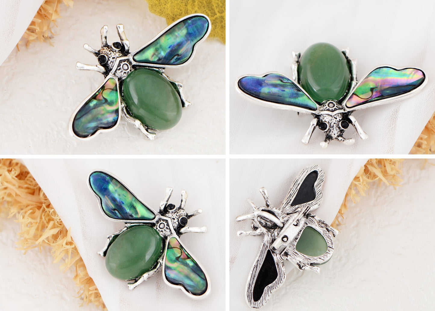 Antique Silvery Tone Abalone Shell Stone Honey Bee Insect Brooch Lapel Pins Pendant Animal Jewelry