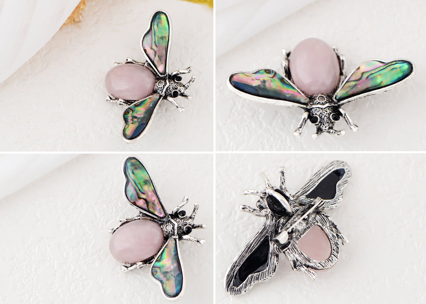 Antique Silvery Tone Abalone Shell Stone Honey Bee Insect Brooch Lapel Pins Pendant Animal Jewelry