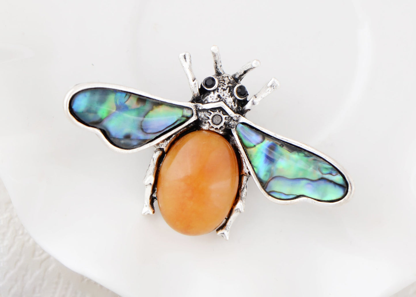 Antique Silvery Tone Abalone Shell Stone Honey Bee Insect Brooch Lapel Pins Pendant Animal Jewelry