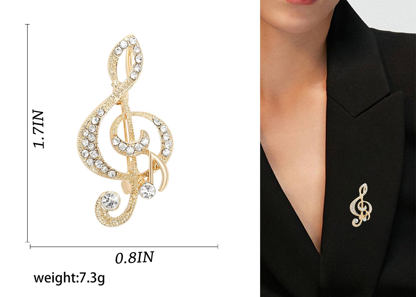 Elegant Rhinestone Crystal Treble Clef Music Note Brooch Pin ¨C for Scarf, Sweater, Wedding, Christmas Costume Accessories