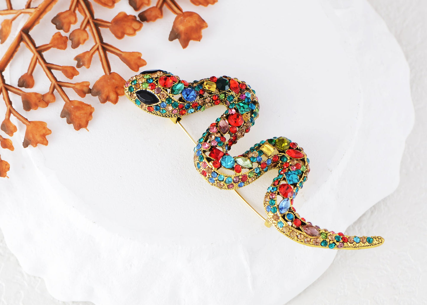 Crystal Rhinestone Snake Brooch Necklace for Halloween and Cosplay