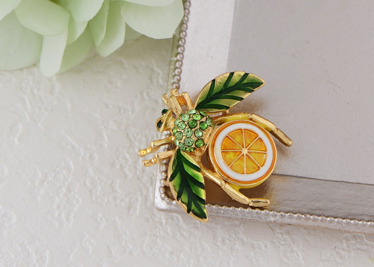 Elegant Crystal Rhinestone Fruit and Bee Brooch - Fashionable Gold Plated Fruit Insect Lapel Pins for Dresses and Accessories