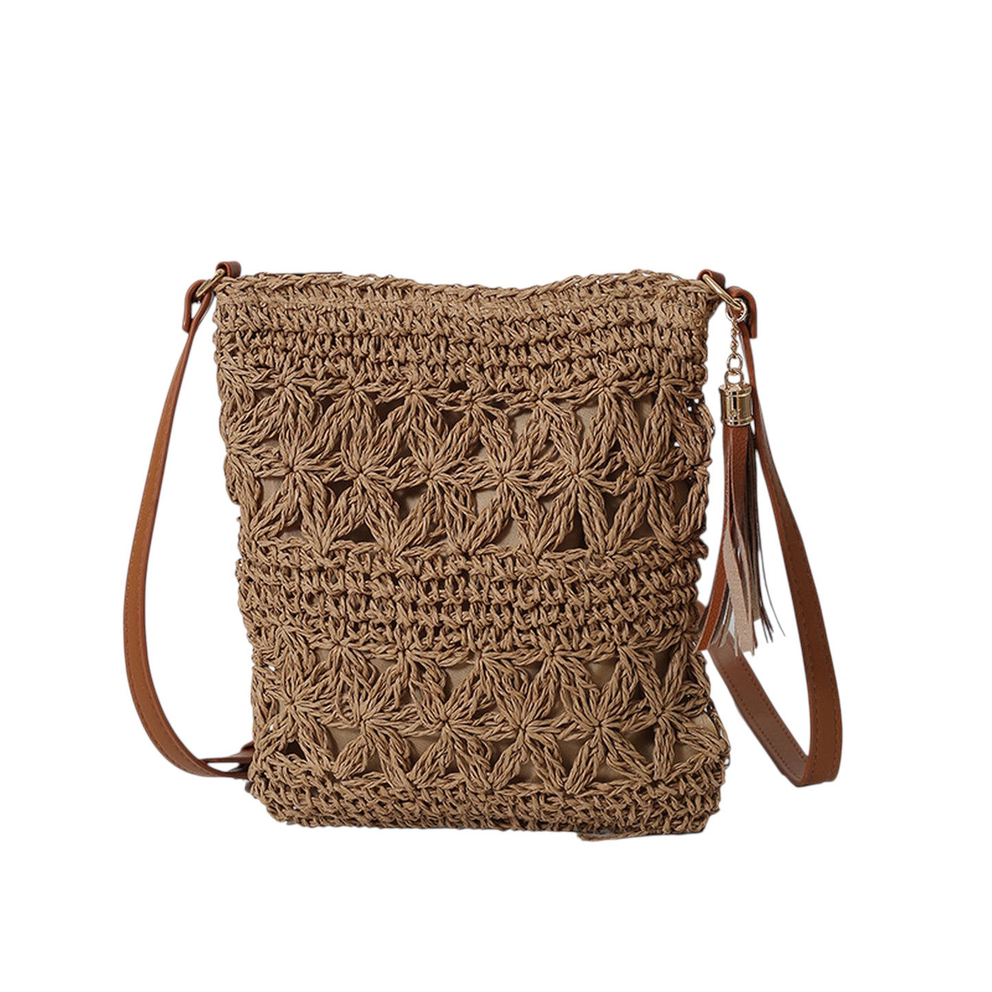 Women's Bohemian Crochet Shoulder Bag with Leather Straps