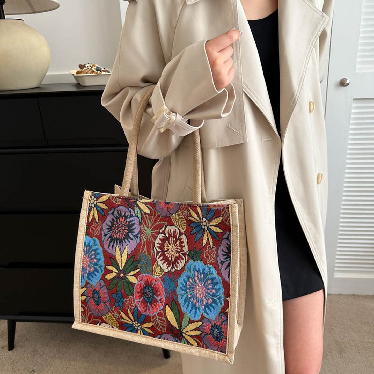 Floral Sackcloth Tote Bag-Lightweight Handbag