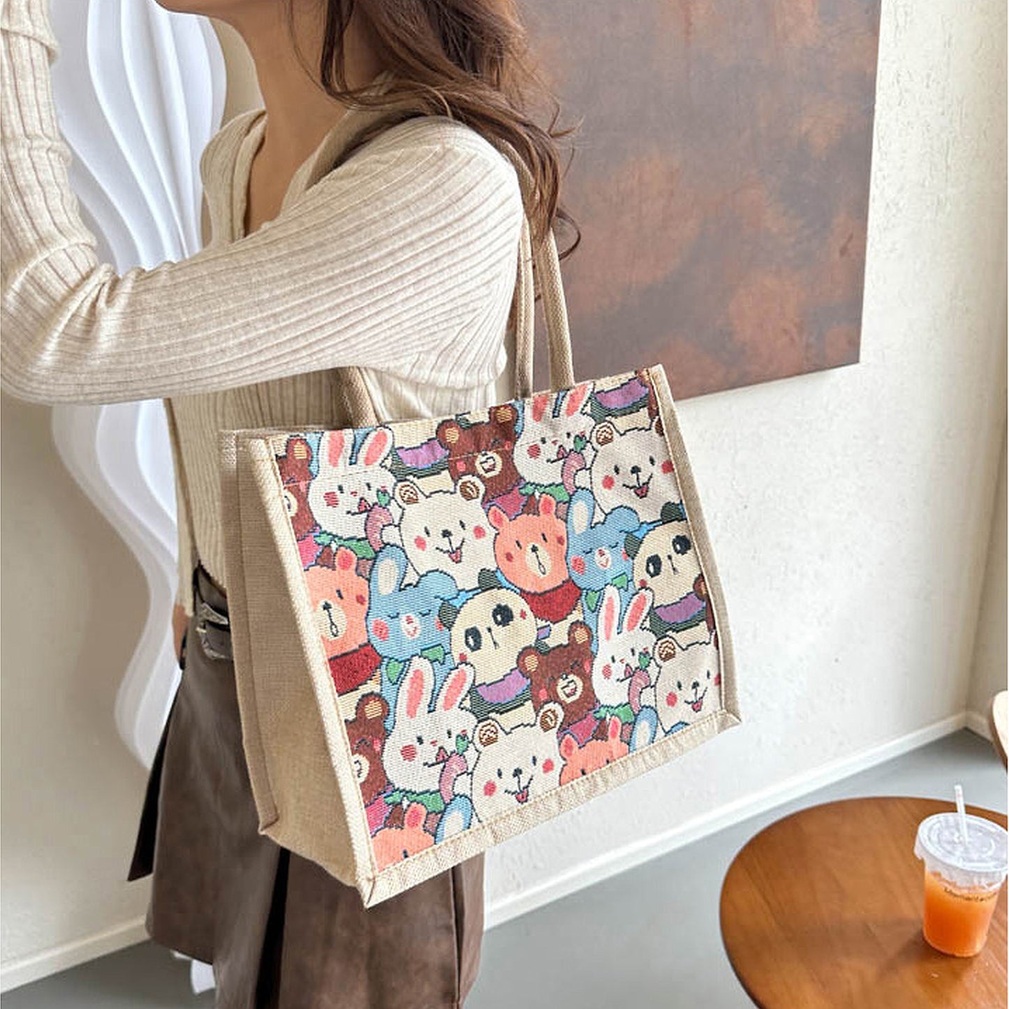 Floral Sackcloth Tote Bag-Lightweight Handbag