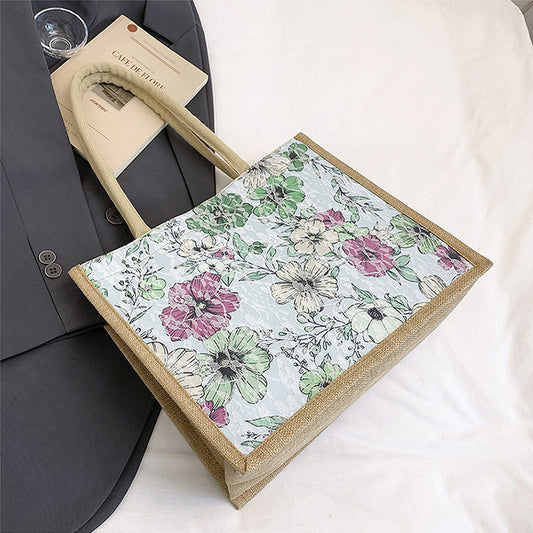Floral Linen-Polyester Tote Bag-Lightweight Floral Print Shopping Bag