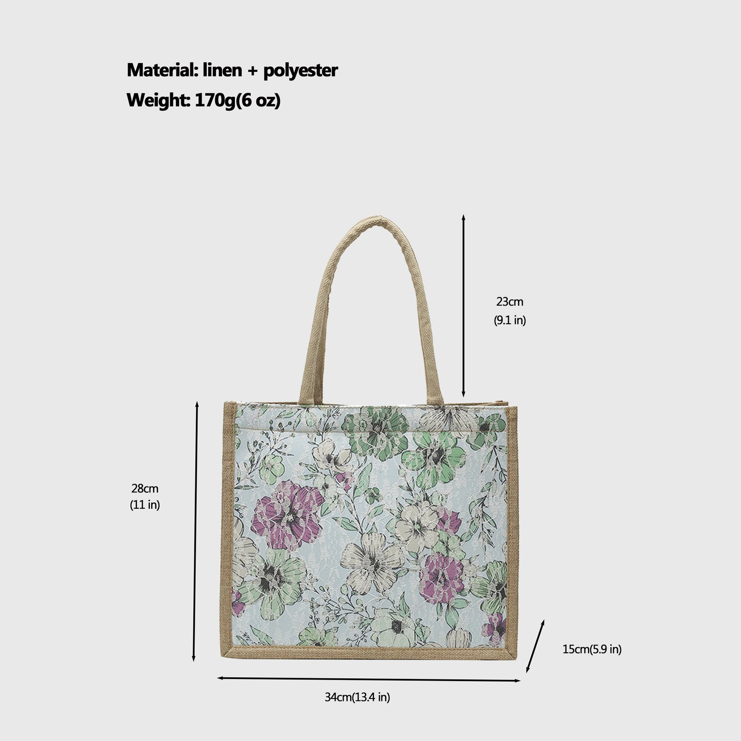 Floral Linen-Polyester Tote Bag-Lightweight Floral Print Shopping Bag