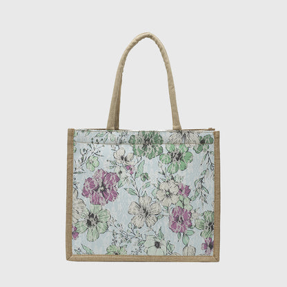 Floral Linen-Polyester Tote Bag-Lightweight Floral Print Shopping Bag