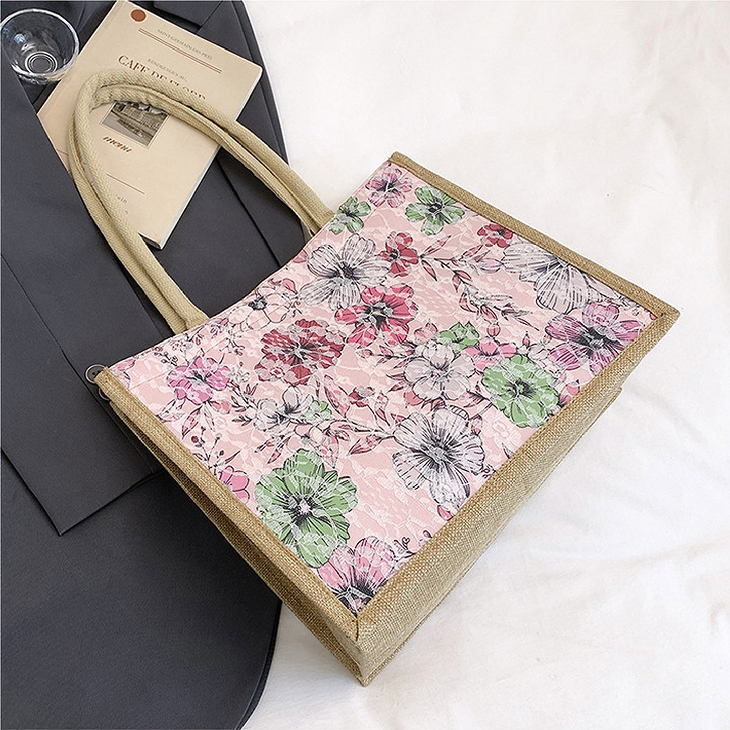 Floral Linen-Polyester Tote Bag-Lightweight Floral Print Shopping Bag