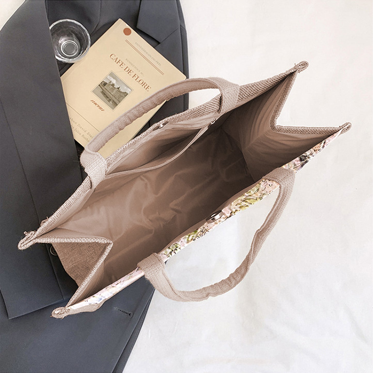 Floral Linen-Polyester Tote Bag-Lightweight Floral Print Shopping Bag