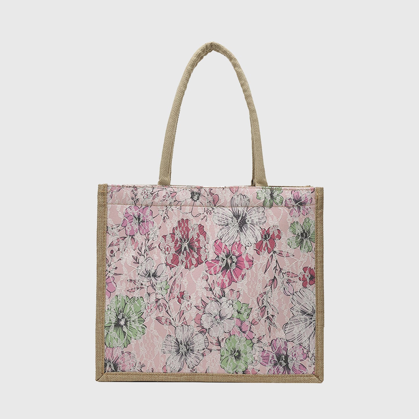 Floral Linen-Polyester Tote Bag-Lightweight Floral Print Shopping Bag