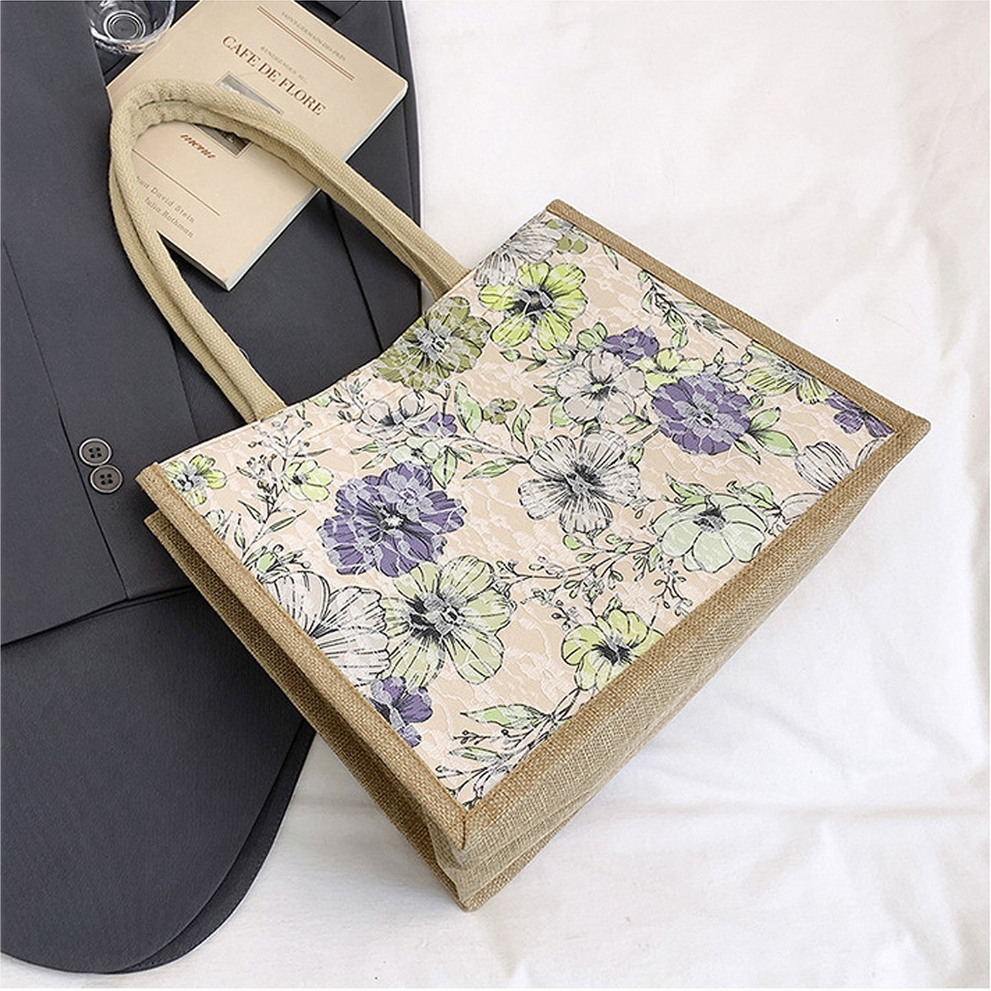 Floral Linen-Polyester Tote Bag-Lightweight Floral Print Shopping Bag