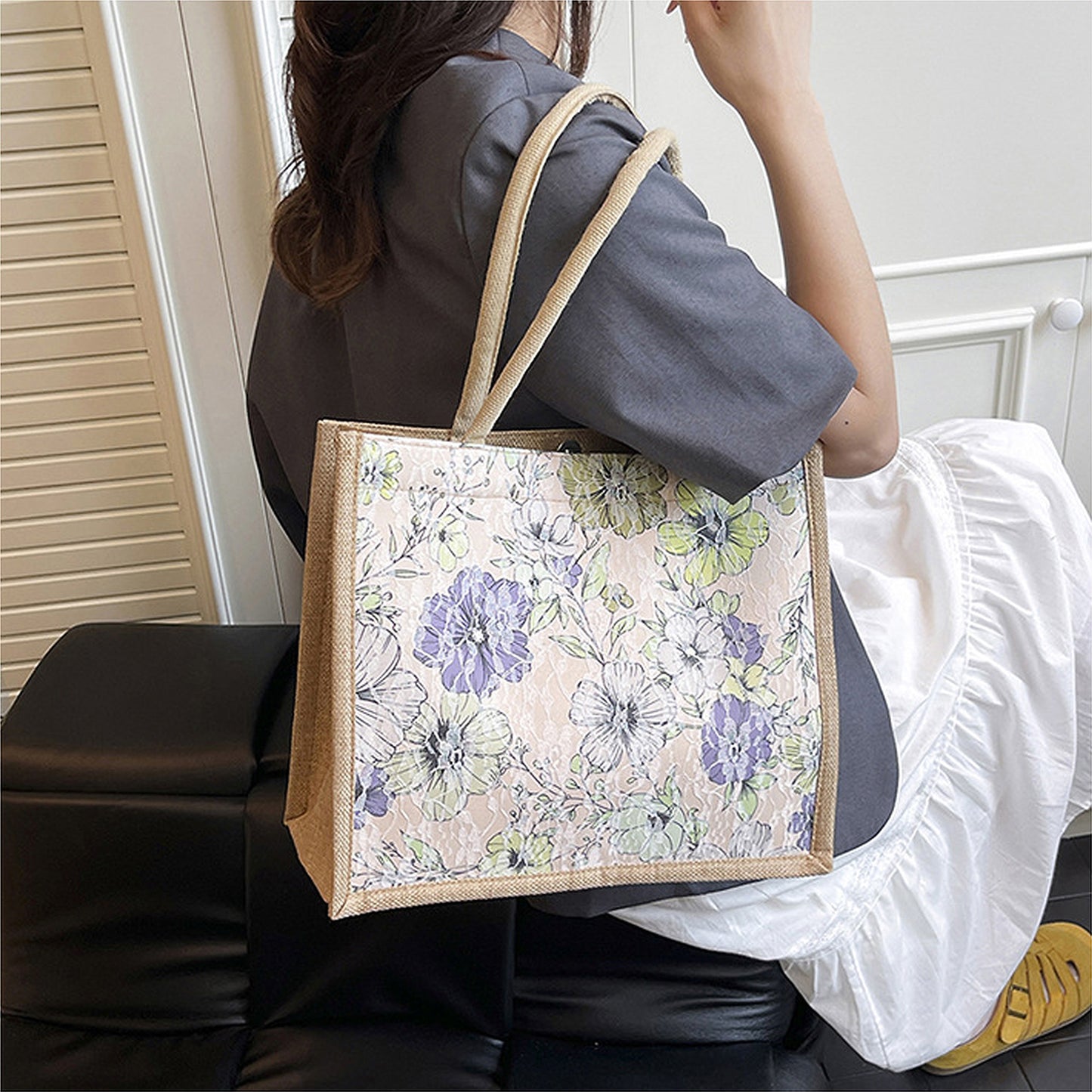 Floral Linen-Polyester Tote Bag-Lightweight Floral Print Shopping Bag