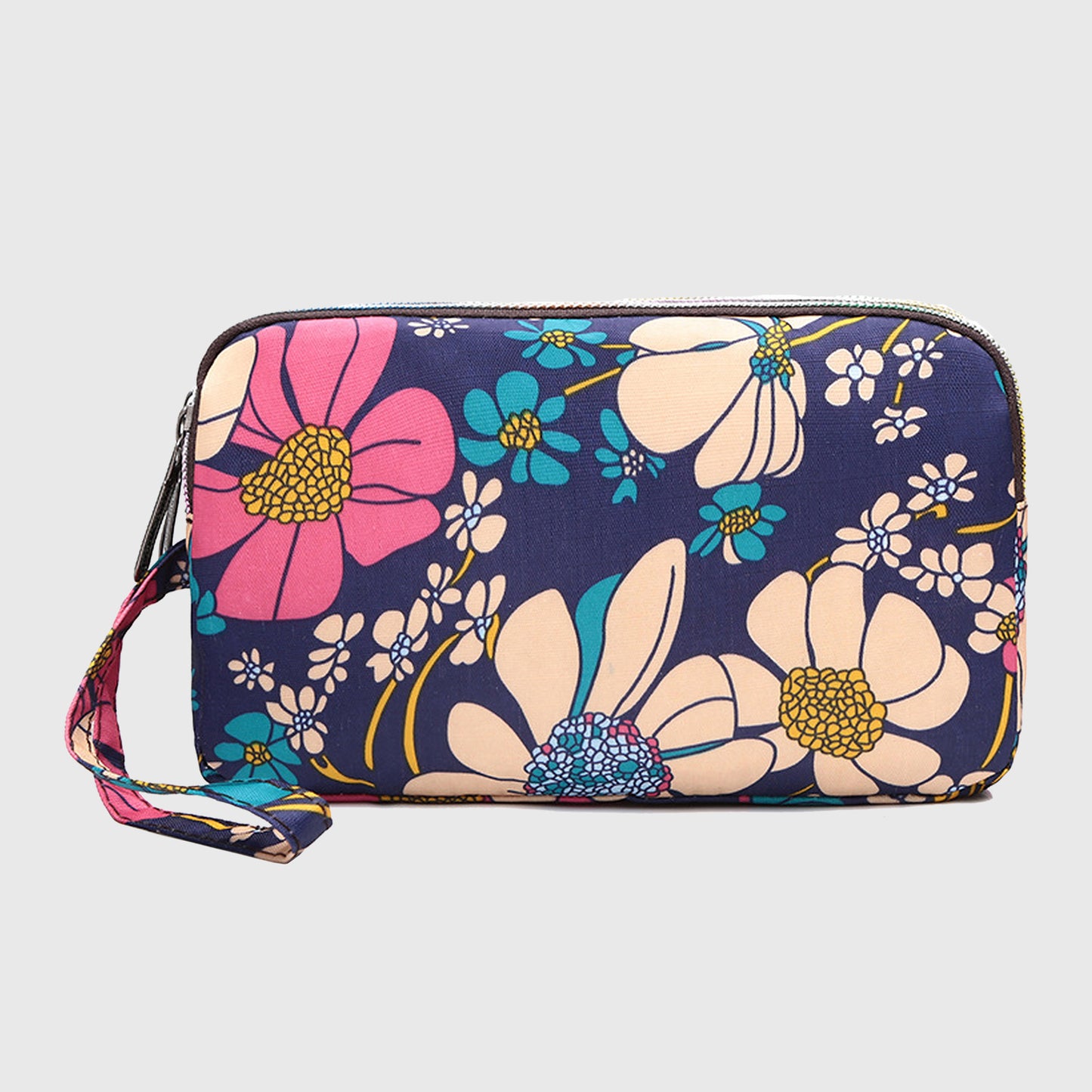 Floral Print Multi-Zip Nylon Wristlet Handbag