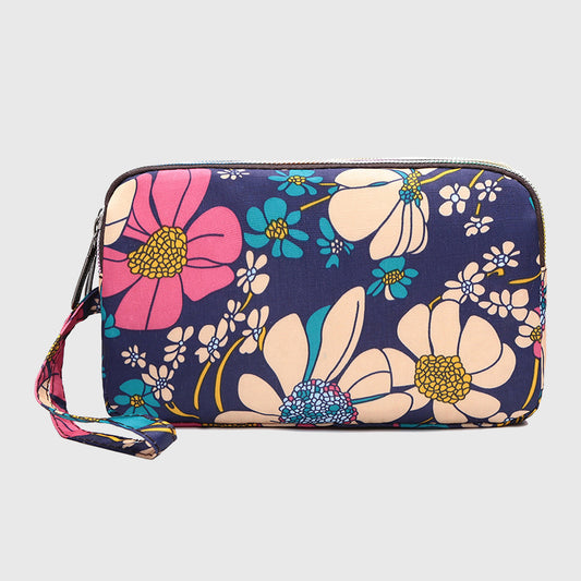 Floral Print Multi-Zip Nylon Wristlet Handbag