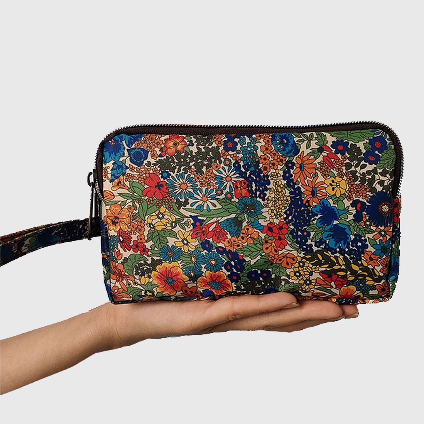 Floral Print Multi-Zip Nylon Wristlet Handbag