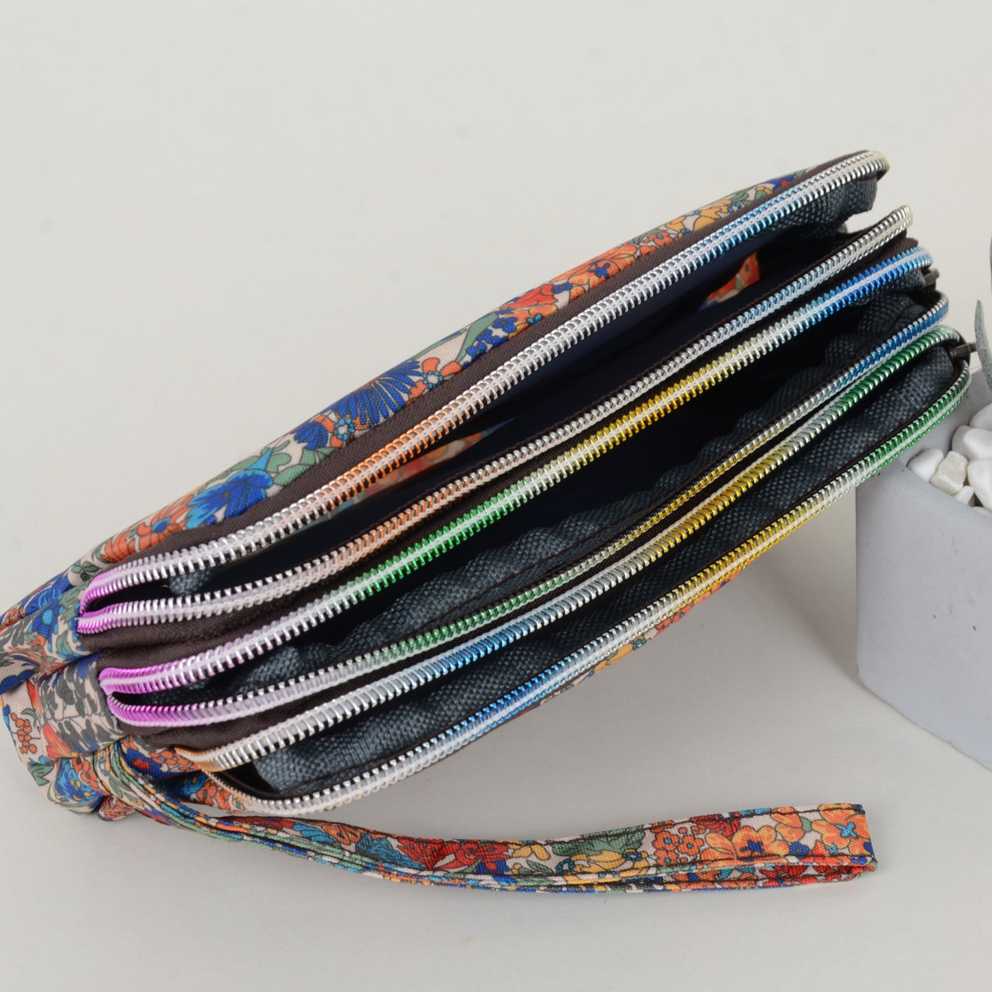 Floral Print Multi-Zip Nylon Wristlet Handbag