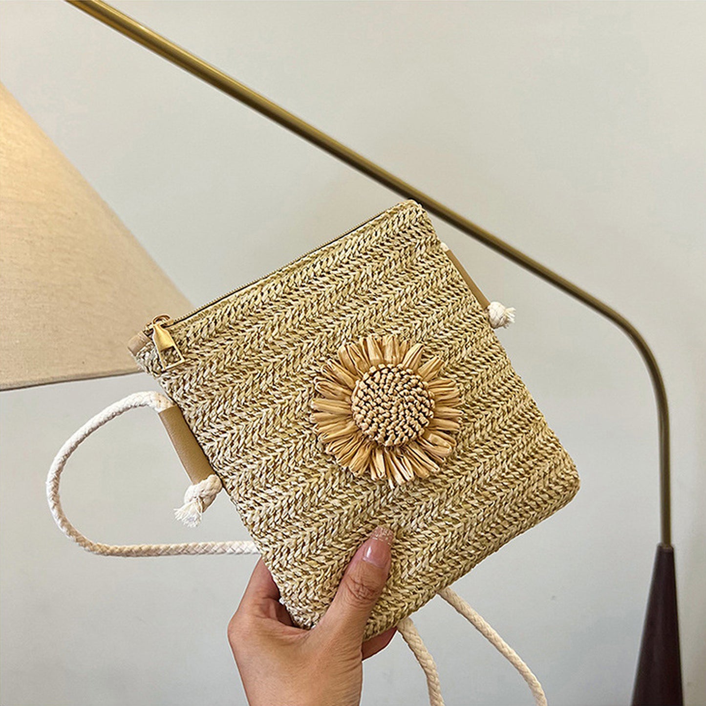 Straw Woven Crossbody Bag with Sunflower Accent