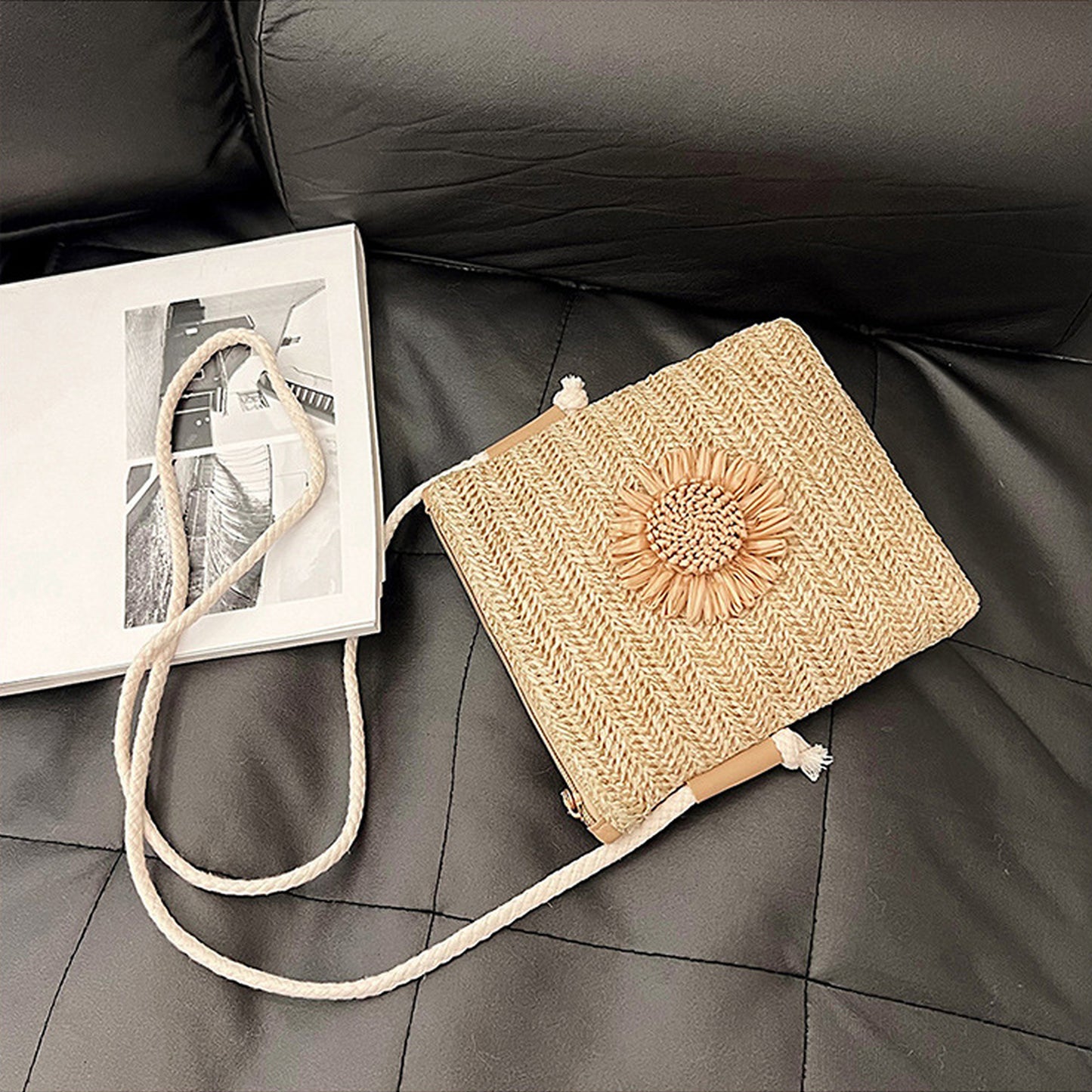 Straw Woven Crossbody Bag with Sunflower Accent