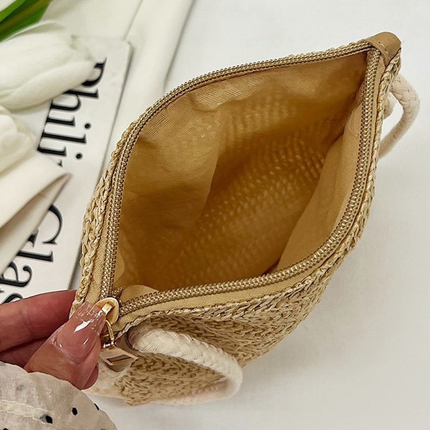 Straw Woven Crossbody Bag with Sunflower Accent