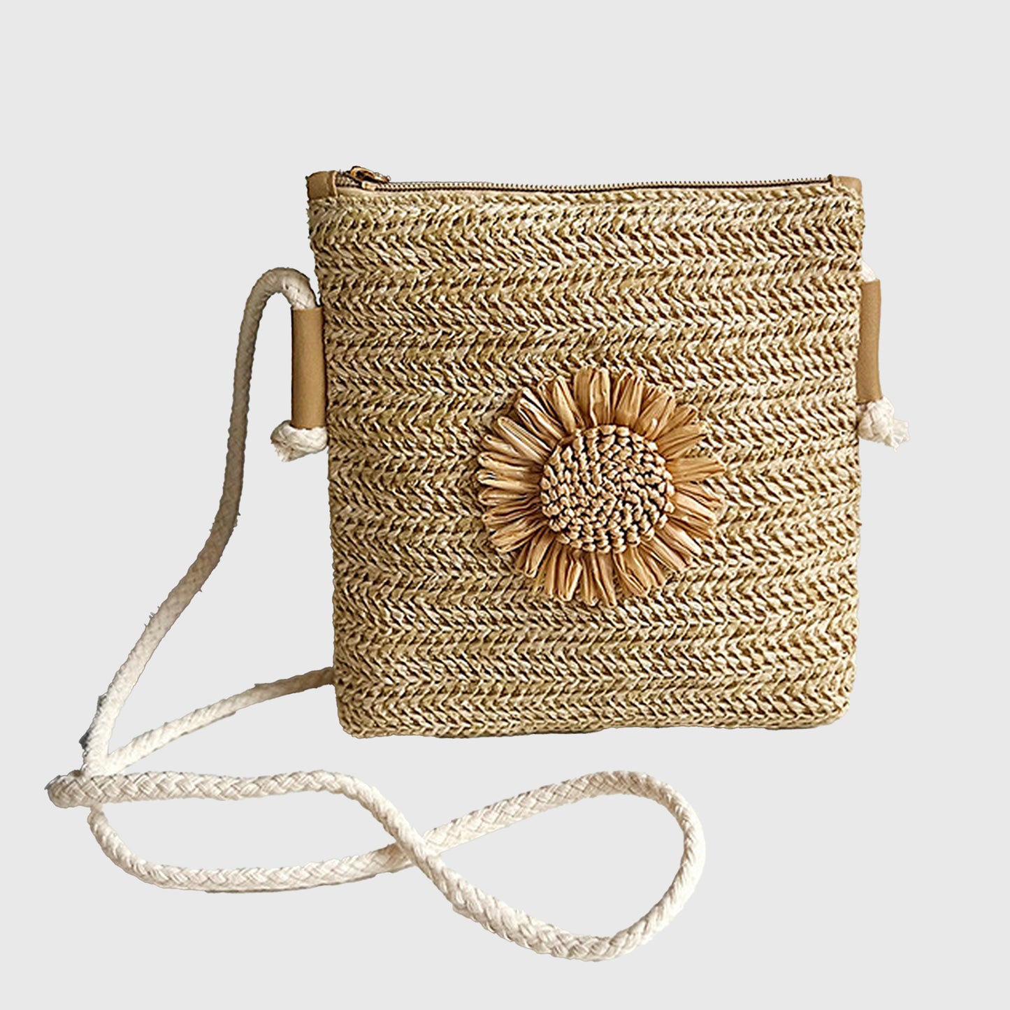 Straw Woven Crossbody Bag with Sunflower Accent