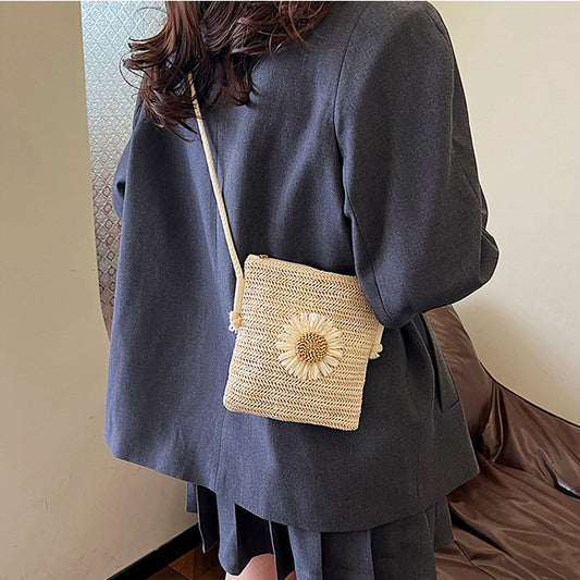 Straw Woven Crossbody Bag with Sunflower Accent