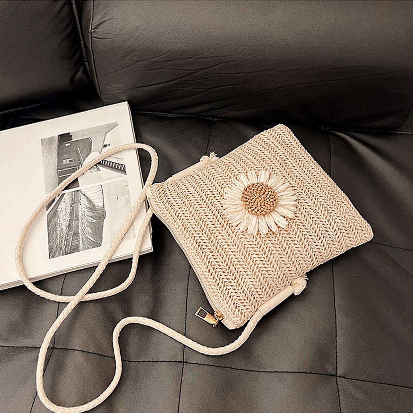 Straw Woven Crossbody Bag with Sunflower Accent