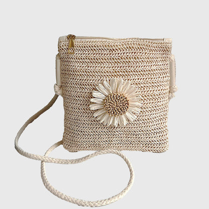 Straw Woven Crossbody Bag with Sunflower Accent